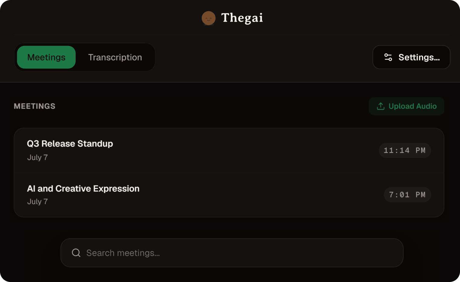 Thenga AI meeting summary dashboard showing Malayalam transcription and action items