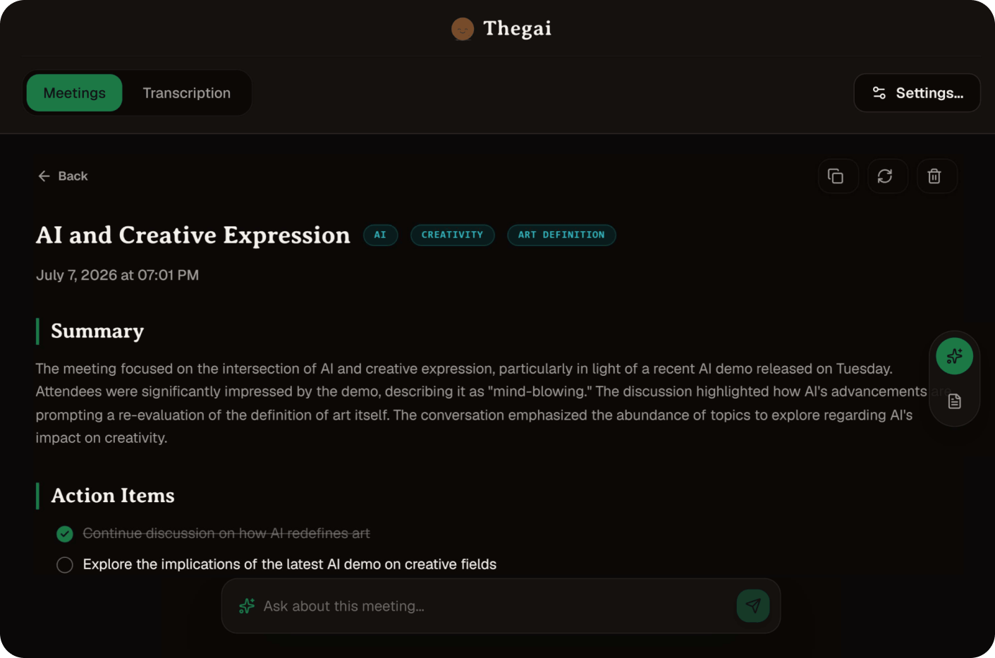 Thenga AI Malayalam expanded meeting summary and action item checklist