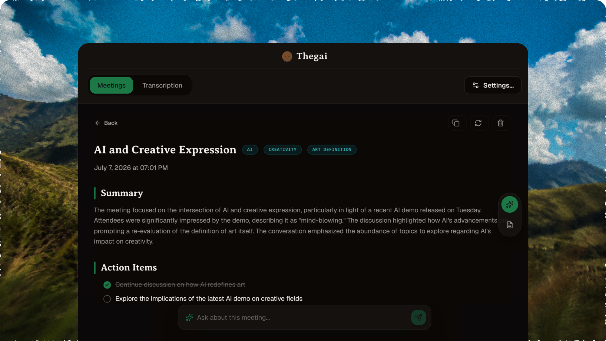 Thenga AI meeting summary dashboard showing Malayalam transcription and action items