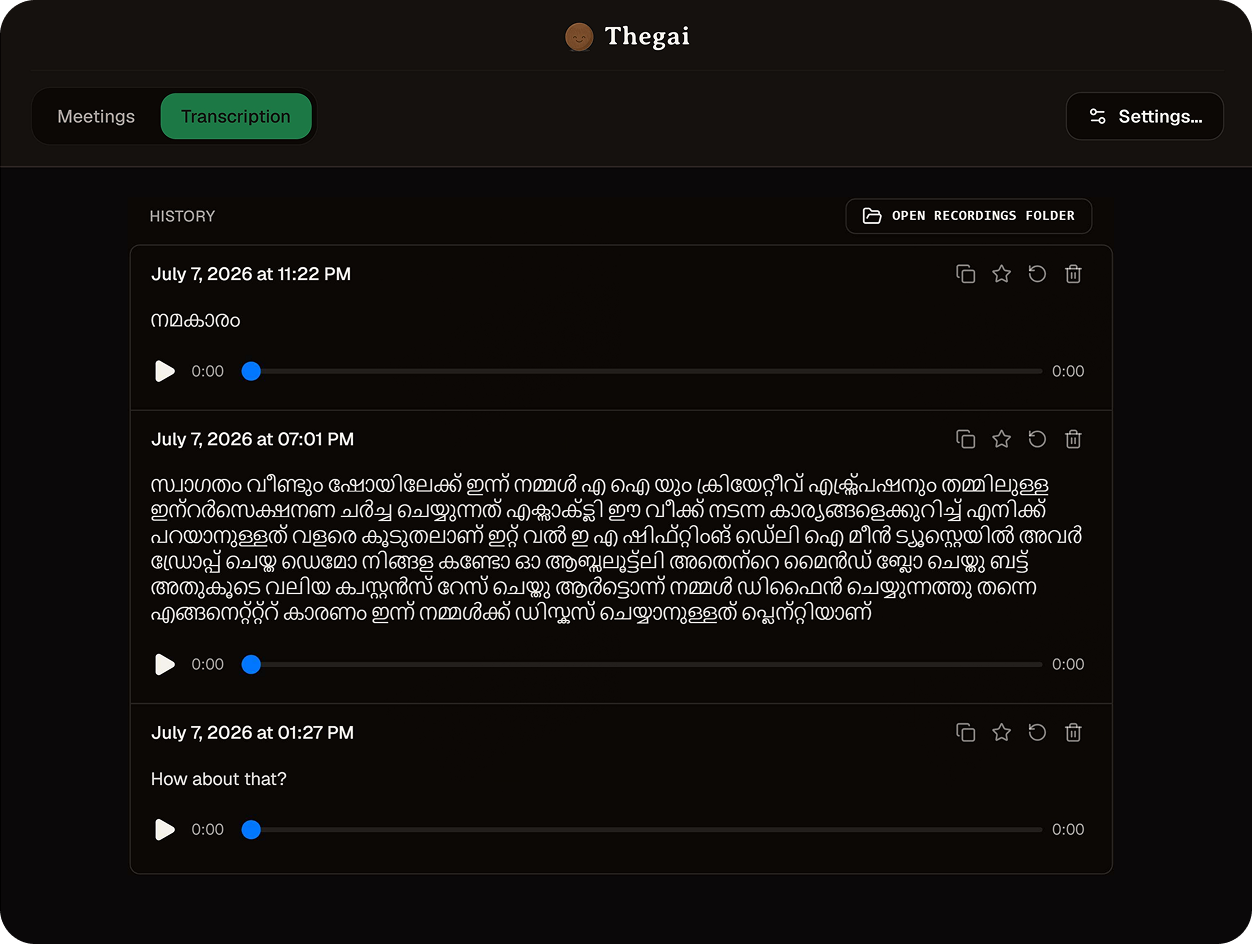 Thenga AI Malayalam voice dictation history and system cursor typing view